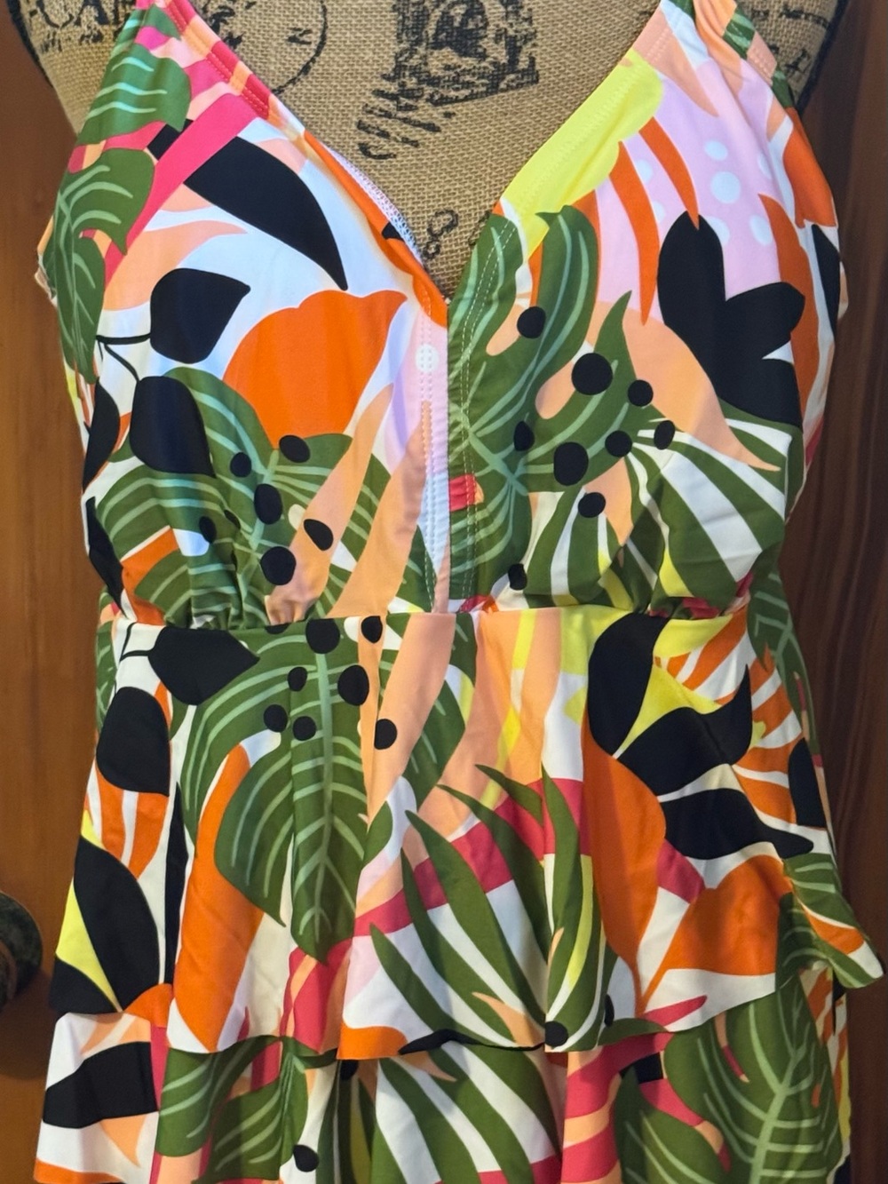 Autograph Jungle Print Frill Tankini Top in Green, Orange & Pink, shorts black.